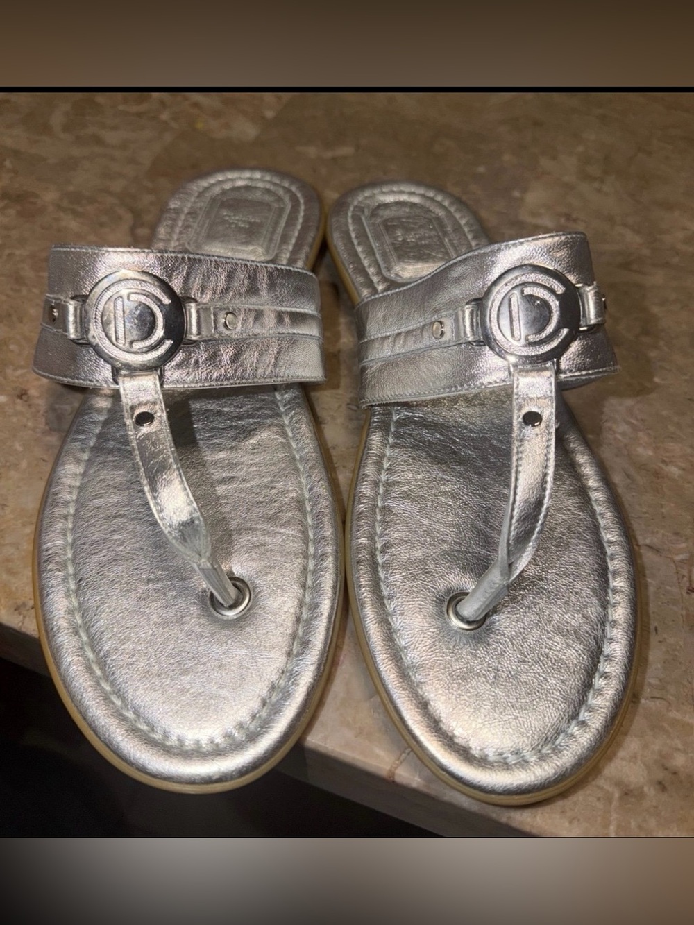 Christian Dior Silver Leather Thong Sandals Size 40